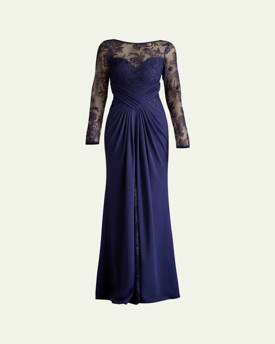 Pleated Crepe & Embroidered Lace Gown